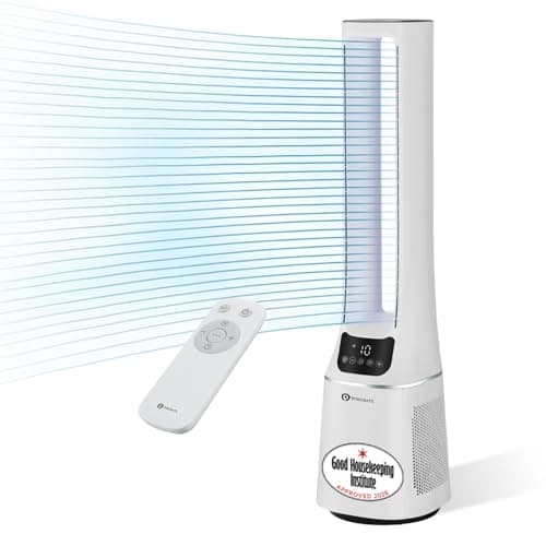 Image of PureMate 2-in-1 Bladeless Tower Fan & air purifier with HEPA Filter, 10 Speed Settings, Portable Ultra Quiet Standing Fan with Remote Control, Digital Display, Powerful Air Cooling for home & office