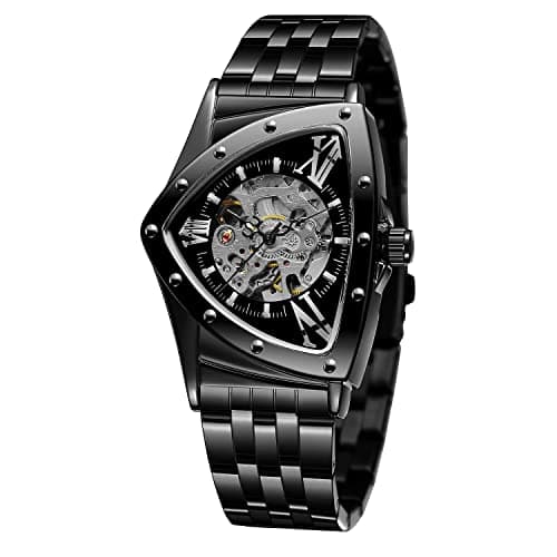 Image of FORSINING Men's Watch 30M Waterproof Skeleton Hollow Automatic Dazzling Retro Triangle Wrist Watch (Black)