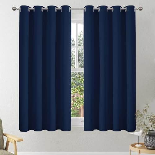 Image of VEHEDE Blackout Curtains 54 Inch Drop, Eyelet Thermal Insulated Short Curtain for Bedroom, Soft Small Living Room Window Curtains & Drapes, W46 x L54 Inch, Navy Blue, 2 Panels