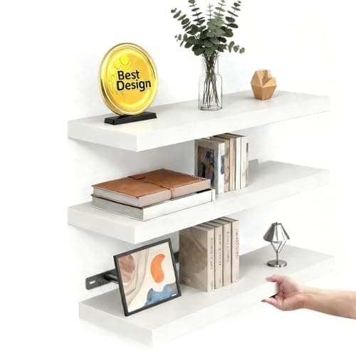 Image of Gikisla White Floating Shelves for Wall Set of 3, Wooden Wall Mounted Shelves, Modern Decorative Display Wall Shelves for Bathroom, Bedroom, Kitchen, or Living Room Decor Organization