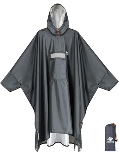 Image of ANYOO Waterproof Rain Poncho with Sleeves&Pocket, Lightweight Reusable Hiking Rain Coat Jacket with Hood for Outdoor Activities, Unisex, Grey, One Size