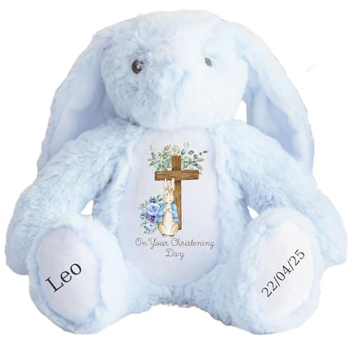 Image of Personalised Christening Bunny with Name - Peter Cross Rabbit Blue Flowers On your Christening Day Soft Toy for Baby, Toddler, Kids, Child, Babies Baptism Church Spring Time - Blue Letter Blu Bunny
