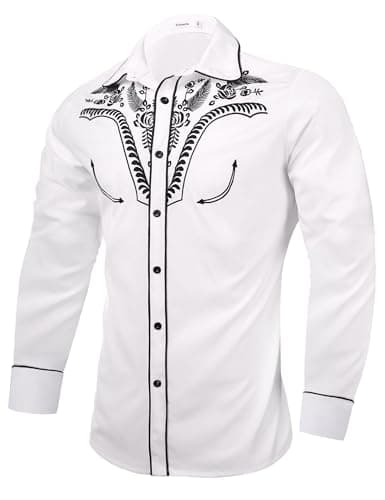 Image of Sykooria Men's Shirts Long Sleeve Casual Vintage Floral Embroidery Button Down Western Shirts Regular Fit