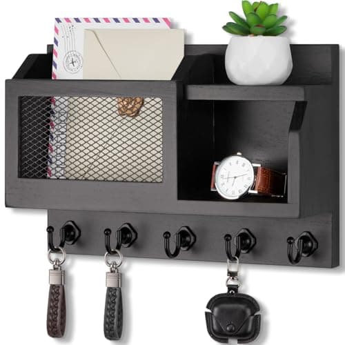 Image of Nekon Key Holder Wall Mount with Mail Slot, 11.8" W x 7.5" H x 3.1" D Modern Farmhouse Key and Mail Organizer with 5 Hooks for Home Decor (Black)