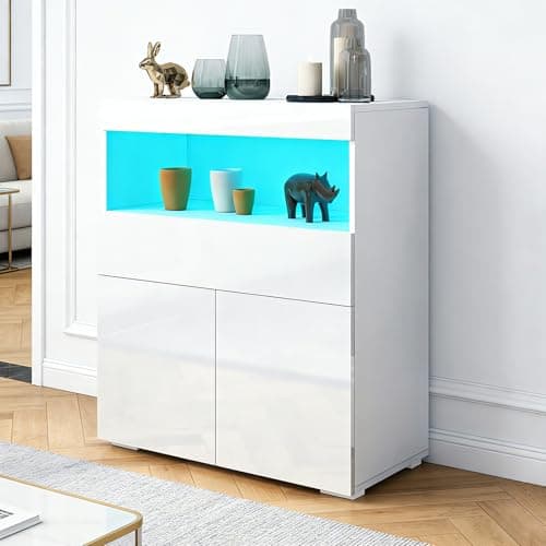 Image of Senvoziii Sideboard Cabinet, High Gloss Storage Cabinet Unit with 2 Doors 1 Drawer and Shelf for Living Room with LED Light Storage Cupboard for Dining Living Room Hallway, 80x35x90cm (White)