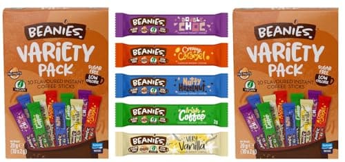 Image of Beanies Flavoured Instant Coffee Sticks Variety Pack, 2 Packs of 10 x 2g Sachets (Total 20 Sticks, 5 Flavours) Very Vanilla, Irish Coffee, Double Choc, Nutty Hazelnut, Creamy Caramel
