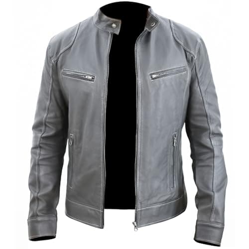 Image of Rising Bloom Men's Real Leather Jacket Biker Motorcycle Cafe Racer Vintage Retro Bomber Winter Black Genuine Leather Jacket (as8, alpha, xx_s, regular, regular, Grey)