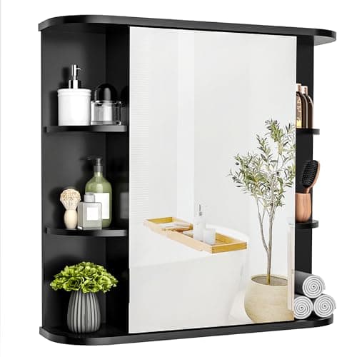 Image of Pamapic Bathroom Mirror Cabinet, Bathroom Cabinet with Large HD Mirror, Wall Mounted Storage Cupboard with Adjustable Shelves, Storage Unit for Living Room, Bedroom, Black, 68 x 60 cm