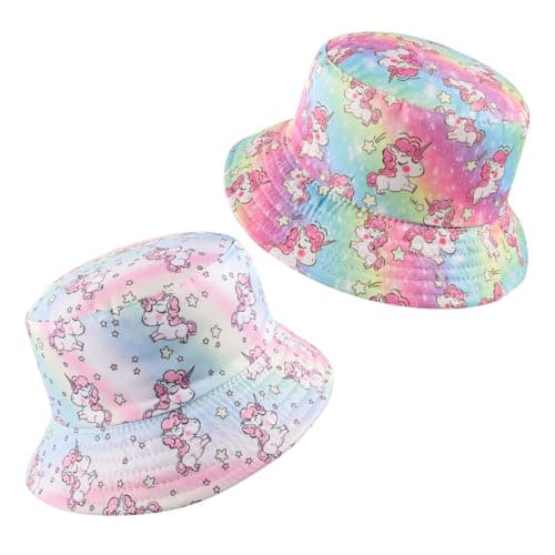 Image of Jupsk 2 Pcs Kids Bucket Hat Reversible Sun Hat Wide Brim Summer Unicorn Beach Cap UV Sun Protection for Girls Child 4-7 Years
