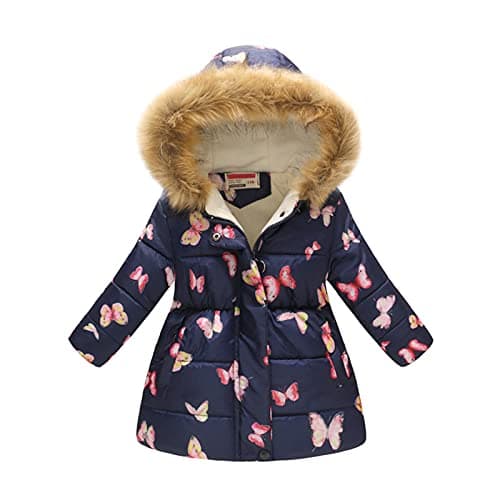 Image of Kids Girls Winter Coat Faux Fur Hooded Windproof Jacket Fleece Liend Padded Thick Warm Parka Outerwear Outdoor Overcoat Cotton Coats Jackets Navy Butterfly 10-11 Years