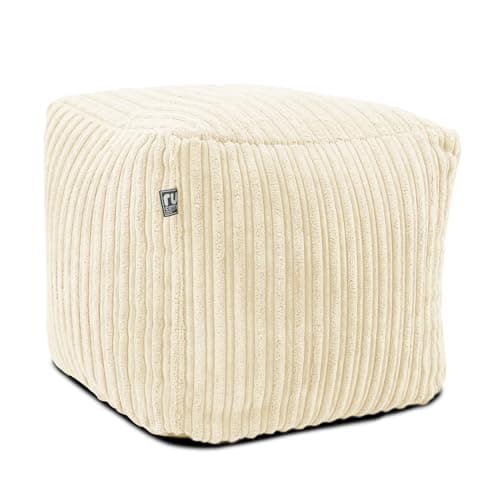 Image of rucomfy Ivory Corduroy Cube Footstool - Machine Washable Bean Bag Pouffe for Living Room Footrests and Extra Lounge Seating - 38x38x38cm (Ivory)
