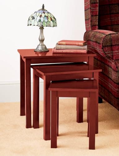 Image of Chums Nest of 3 Companion Tables, Solid Wood with Hi-Gloss Mahogany Finish, Space-Saving Nesting Table Set for Living Room Bedroom or Hallway Mahogany