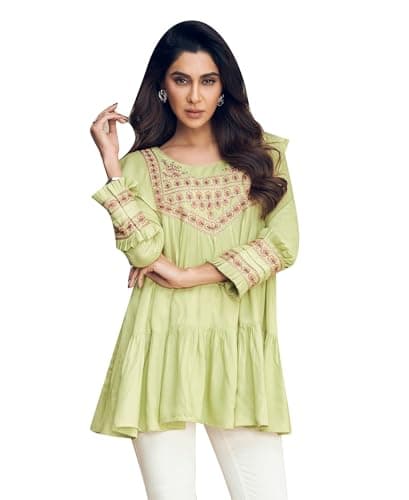 Image of Ladyline Women's Boho Embroidered Peplum Tunic Top - Premium Rayon 3/4 Sleeve Flowy Blouse - 30-33" Long Shirt & Beach Swimsuit Cover Up (REK VMMR) (40/ Green)