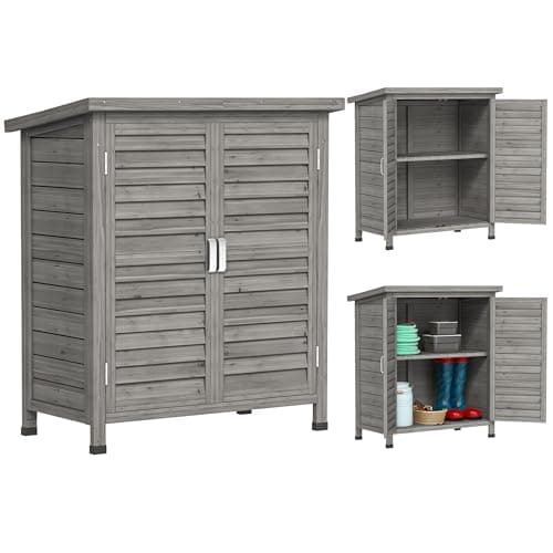 Image of Outsunny Garden Shed Wooden Garden Storage Shed 2 Door Unit Solid Fir Wood Garage Tool Organisation Cabinet, 87L x 46.5W x 96.5Hcm, Grey