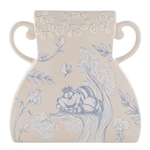 Image of Disney - Alice In Wonderland - White Ceramic Large Vase - Cheshire Cat & Roses Motif - Decor and Homeware for Movie Lovers, Bedroom, Kitchen, Bathroom & Dining Room. H:19cm x W:19cm x D:5cm.