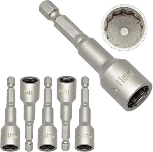 Image of Pack of 5 Bi Hex 11mm Socket Driver Insert Bit Nut Setter with Retaining Ring - for Attaching Moulded Coloured Head Bi Hex Sheet Roofing Tek Screws