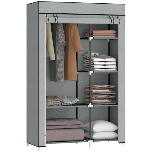 Image of HOMCOM Fabric Wardrobe, Portable Wardrobe with 6 Shelves, 1 Hanging Rail, Foldable, 103 x 43 x 162.5 cm, Light Grey