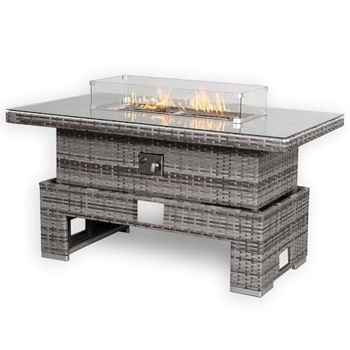 Image of Club Rattan Gas Firepit Rising Table with Glass Wind Guard & Lava Rocks, 55,000 BTU (Gray, 139x79cm)