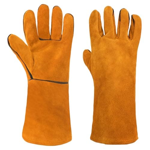 Image of AUAUY Welding Gloves, Heat Resistant Long Leather Gauntlets, Fire Resistant Welders Gloves, Wear Resistant Heavy-Duty Protective Gloves for Grinding, BBQ, Baking, Oven, Fireplace, Gardening-Yellow