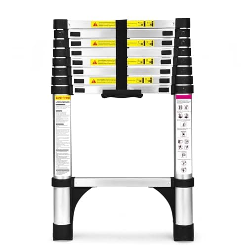 Image of HBTower Telescopic Ladder with Non-Slip Feet, 2.6M/8.5FT Thickened High-Strength Aluminum Extendable ladders, Adjustable Height Collapsible Ladder for Caravans lofts, Indoors and Out,Silver