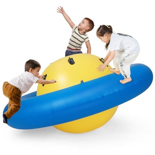 Image of COSTWAY 88'' Inflatable Dome Climbing Rocker, Kids Teeter Totter Seesaw with 6 Handles, Blow Up Giant Rocking Bouncer Ball for Indoor Outdoor (Yellow+Blue)