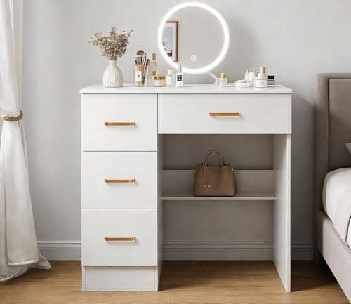 Image of KYXBBDA White Dressing Table with 4 Drawers – Makeup Desk & Compact Computer Desk for Bedroom or Home Office, Sturdy Vanity Table