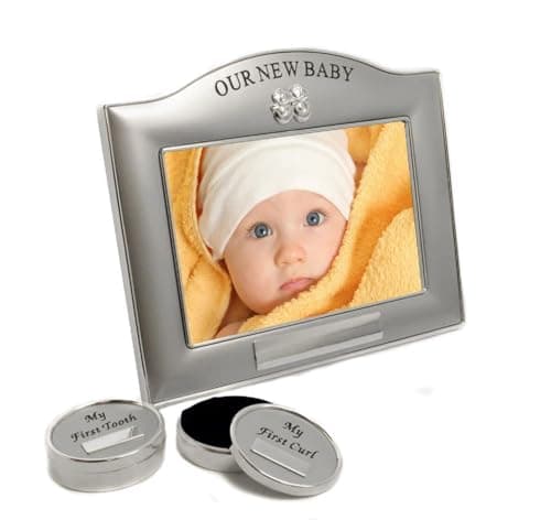 Image of County Engraving Personalised Our New Baby Photo Frame And Tooth and Curl Gift Set All 3 Items Engraved With Your Child's Name