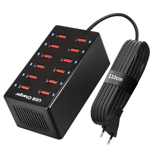 Image of 12-Port 60W USB Charging Station, Multi-Port Charger with 5V/2.4A Output, Smart USB Hub for Cordless Lamps, Smartphones, Tablets – Black