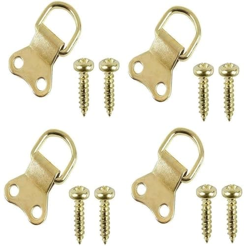 Image of Aretro Large Brass Plated Picture D Rings & Plates Photo Frame Hanging Hooks Hangers Canvas Hook Wall Bracket Hanger with Screws, 4 Pack (Large)