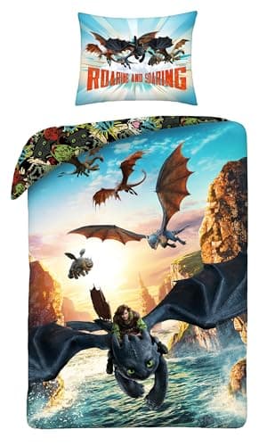 Image of Halantex Dragon Trainer Bed Set – Toothless Hiccup and the Dragons of Berk – Duvet Cover 140 x 200 cm with Pillowcase 70 x 90 cm – Microfibre – Multicoloured