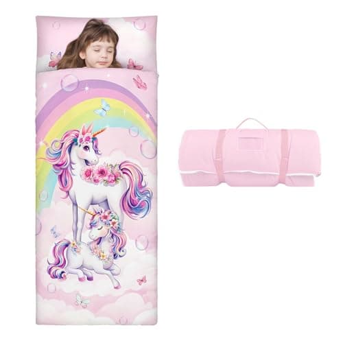 Image of Unicorn Rainbow Sleeping Bag for Girls,Nap Mat for Kids with Removable Pillow,Warm Toddler Slumber Bag for Bedroom Daycare,Gift for Birthday Christmas