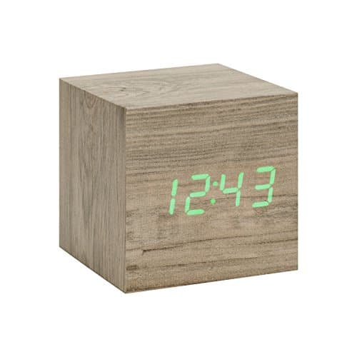Image of Gingko Cube LED Click Clock Alarm Clock With Sound Activation (Time, Date & Temperature), Ash/Green LED