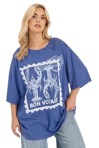 Image of Yours Curve 'Bon Voyage' Acid Wash Slogan T-Shirt - Women's - Plus Size Curve Blue