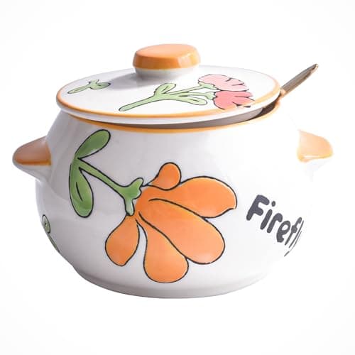 Image of Ceramic Sugar Bowl with Lid and Spoon Porcelain Seasoning Container for Salt Spice 15.2 OZ Floral Motif (hs)