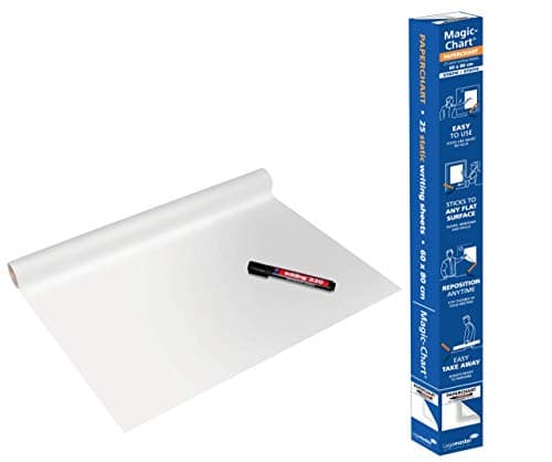 Image of Legamaster Magic-Chart Paperchart Foil - static self-adhesive - white - 80x60cm - wipeable and rewritable - incl. 1 board marker - 25 foil sheets on a roll