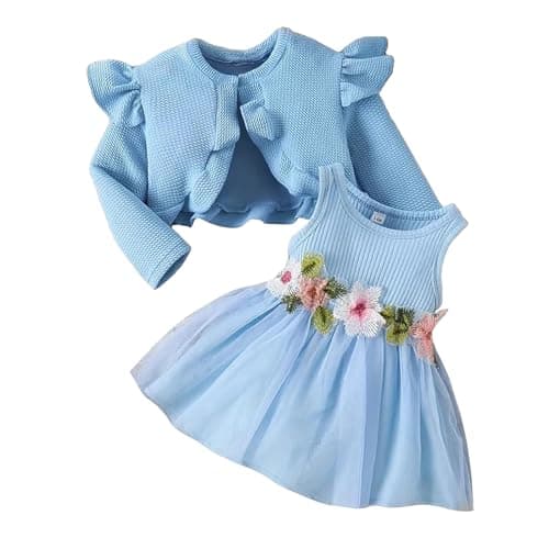 Image of JiAmy Baby Girls Dress and Cardigan 2PCS Fall Outfits Sleeveless Floral Dresses Ruffle Sleeve Waffle Coat Clothes Set for Toddler Girl 2-3 Years Blue