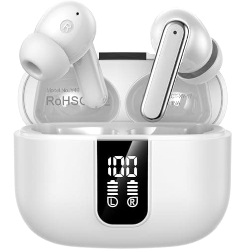Image of Wireless Earbuds, Bluetooth 5.3 Headphones in Ear buds, HiFi Stereo Wireless Earphones with 4 ENC Noise Cancelling Mics, 48H Wireless Headphones with IP17 Waterproof, LED Display USB C, White-K1