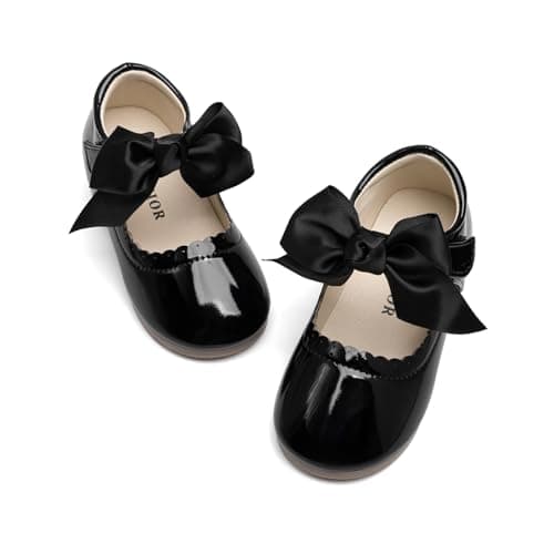 Image of CENCIRILY Girls Mary Jane School Shoes with Bow Toodler Black Patent Shoes Classic Princess Wedding Party Dress Shoe for Little Girl
