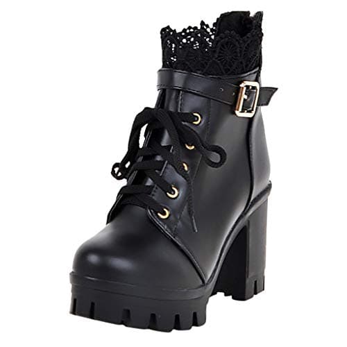 Image of Generisch Lace Women's Up Student Heel Fashion Boots Thick Ankle Platform Shoes High Lace Women's Boots, black, 2/2.5 UK