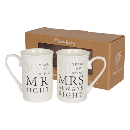 Image of Nicola Spring 30th Anniversary Coffee Mug Set - 300ml Set of 2 New Bone China Coffee Teacup Drinking Mugs for Wedding, Milestone Celebration, His & Hers, Mr Right Mrs Always Right Couples Gift Box