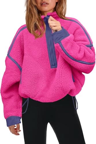 Image of Panadila Womens Half Zip Sherpa Fleece Pullover Soft Oversized Sweatshirt with Pockets Warm Fuzzy Sweater, Hot Pink, S