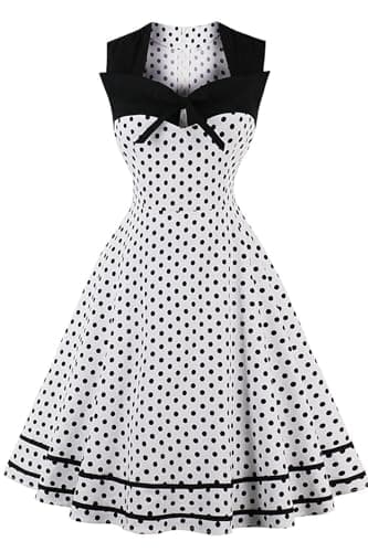 Image of AXOE Women's 1950s Vintage Rockabilly Dresses A-line Fancy Costumes Sleeveless for Wedding Tea Party White and Black Polka Dots UK Size 10, S
