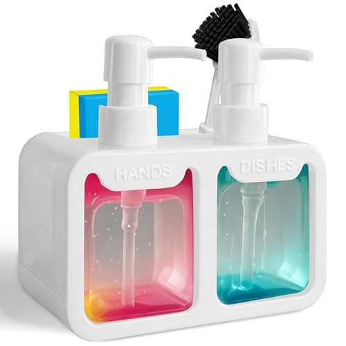 Image of 4-in-1 Kitchen Soap Dispenser Set - Dual Hand & Dish Soap Dispenser with Sponge Caddy & Brush Holder - Kitchen Sink Organizer for Countertop (Whtie)