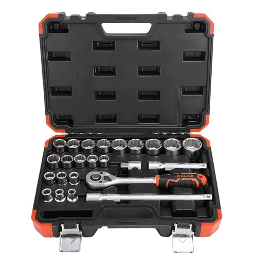 Image of REALTEK 24 Piece Metric Socket Set, 1/2'' Drive Ratchet Wrench Tool with Flexible Extension and Case, CR-V Imperial Sockets for Auto Repairing and Household