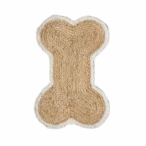 Image of Bone Shaped Feeding Mat Dog Cat Bowl Handmade Indoor Rug Door Mats for Entrance Back Door Natural Handmade Dog Placemat (Chew - NAT/White)