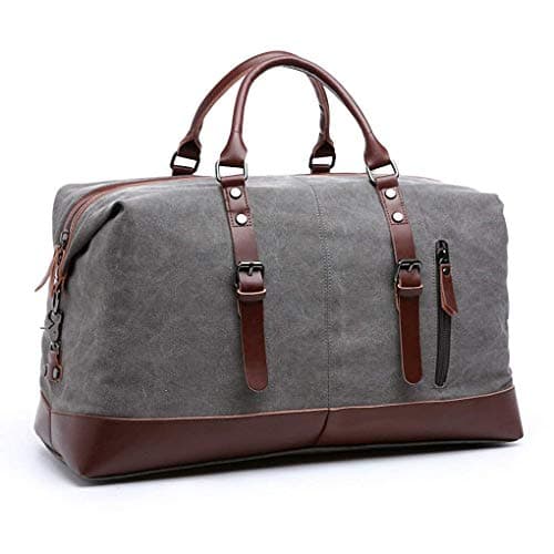 Image of TILEMALL Oversized Canvas Holdall Travel Carry On Duffel Bags Plus Handbag Shoulder Bag Crossbody Overnight Weekend Bag Unisex Travel Holdall Handbag with PU Leather Handle (Gray)