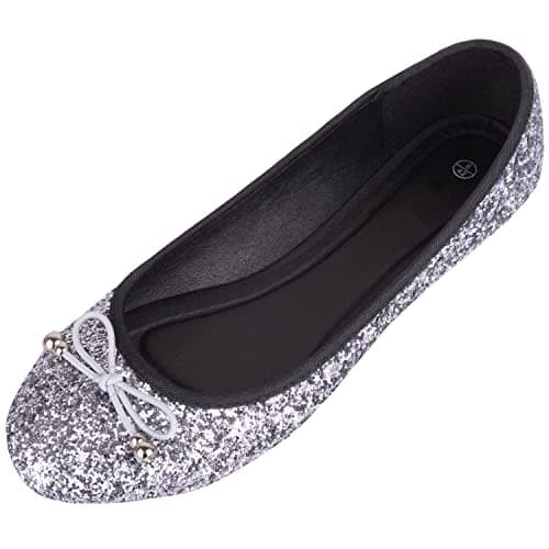 Image of ABSOLUTE FOOTWEAR Womens Casual Party Glittery Ballerina Pumps Dolly Shoes, Pewter, UK 5 / EU 38