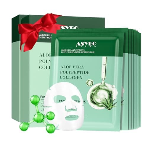 Image of ASYBO Pack of 20 Collagen Face Masks, Aloe Vera Polypeptide Collagen Facial Masks Skincare, Moisturizing Facial Sheet Mask for Acne, After Sun, Claming, Anti-Aging and Anti-Wrinkle