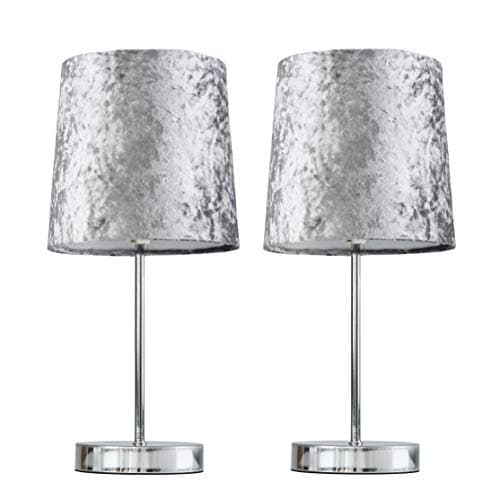 Image of MiniSun | Modern Polished Chrome Table Lamps with Silver Grey Velvet Shades | Table Lamps, Home Décor & Improvement Essential | Set of 2 | Includes 4W LED Bulbs [3000K Warm White]