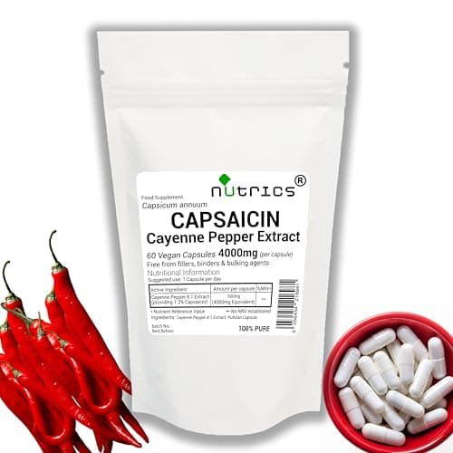 Image of Nutrics® 4000mg (per Capsule) Cayenne Pepper Extract Capsaicin Vegan Capsules - Pure Capsicum Strong Extract Do Not Exceed Suggested Dose - One A Day Capsaicin Supplement 60 Capsules (2 Month Supply)